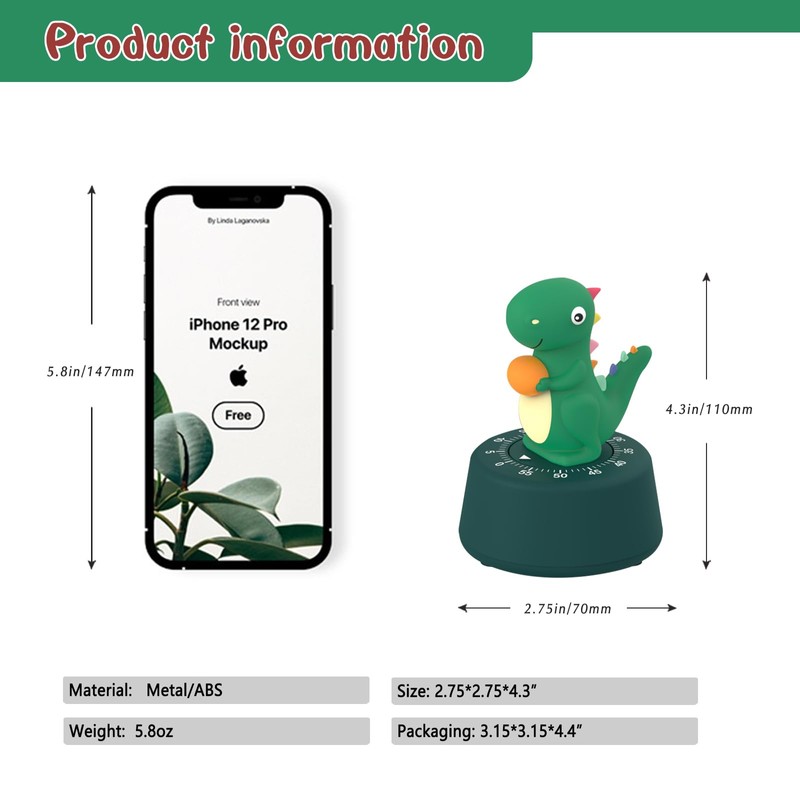 ELE DEPI 60 Minutes Mechanical Kitchen Timer,Cute Dinosaur Timer for