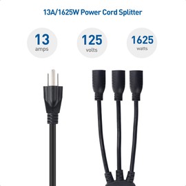 Cable Matters 2-Pack 3 Outlet Power Splitter Cord 1.5 ft, ETL Listed NEMA 5-15P to NEMA 5-15R Y Power Cord Splitter, 16 AWG Outlet Saver, 3 Way Extension Cord Splitter, 1.5 Feet