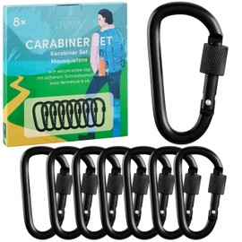 LIVAIA 8-Piece Carabiner Hook with Screw Lock - Aluminium Carabiner Key Fob in Black - Carabiner Hook Small Load Capacity up to 30 kg - as a Key Ring Carabiner and Camping Accessories