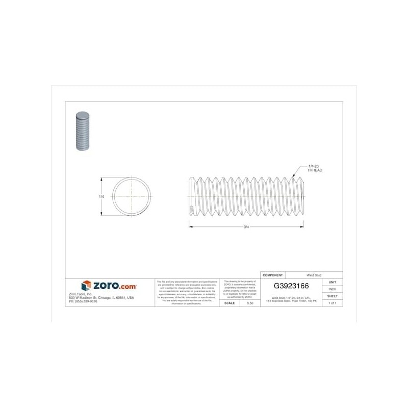 1/4"-20 x 3/4" Plain Stainless 18-8 Drawn Arc Weld Studs,