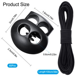 60 Pieces Plastic Toggles for Drawstrings and 10 m Black Elastic Cord 3mm, Dual-Holes Cord Locks Spring Toggle Loaded Fastener Slider for Shoelaces Clothing Backpack Paracord