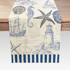 Summer Scallops Starfish Coral Coastal Table Runner, Retro Ocean Beach Sea Animals Theme Home Kitchen Dining Blue Table Runner, Nautical Table Runner Indoor Outdoor Party Decor 13x36IN