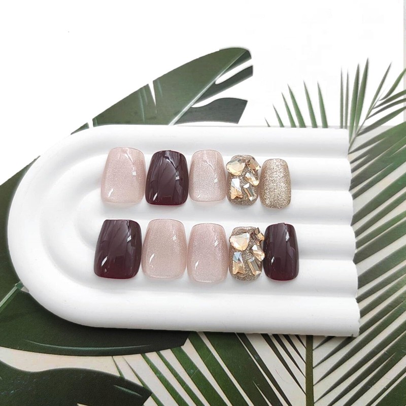 Press on Nails Short Square Fake Nails Cat Eye Acrylic