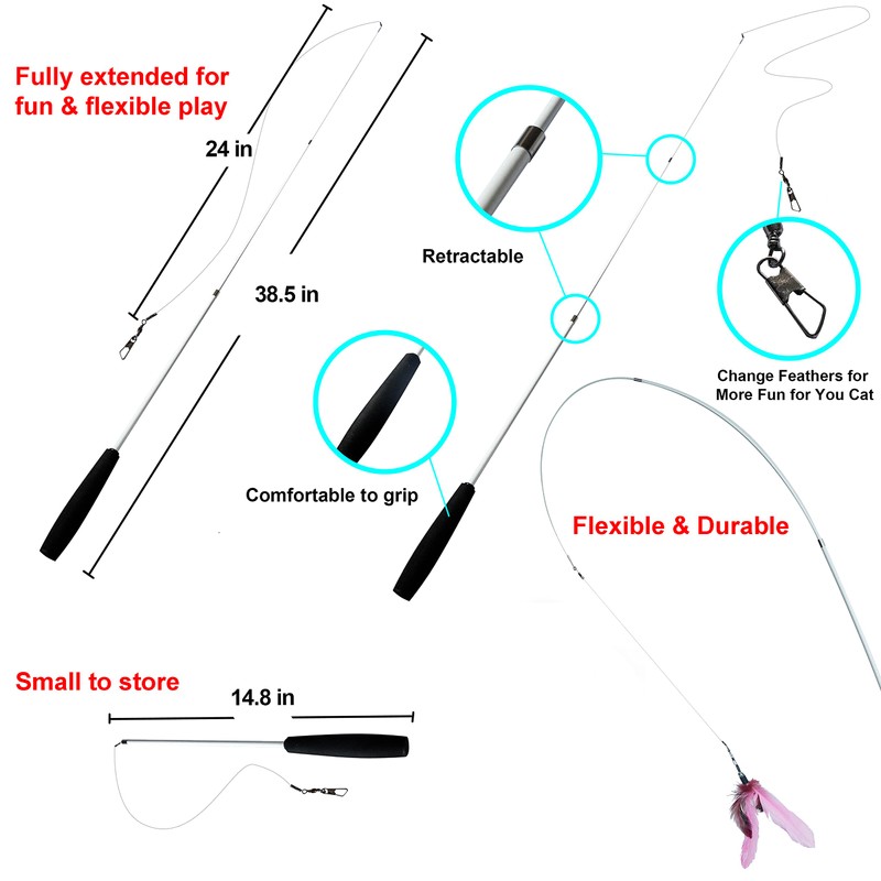 Youngever 6 Pieces Cat Toys Teasing Feather Toy, Retractable Wand
