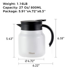 Tiken Coffee Server, 800ML (27 Oz) Thermal Coffee Carafe, Stainless Steel Insulated Vacuum Coffee Carafes For Keeping Hot - White