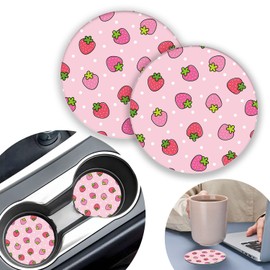 Olemier 2 Pack Cute Pink Strawberry Car Coasters, 2.75 Inch Round Silicone Anti-Slip Automotive Drink Soft Cup Mat, Universal Fit, Car Interior Accessories for Women Men and Girls
