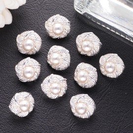 DYEESP 10PCS Silver Pearl Buttons Accessory Embellishments for DIY Jewelry Crafts, Wedding Party Bridal Bouquet Clothes Hat Decoration (Silver-3)