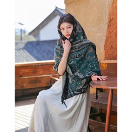 iCuviy Large Pashmina Shawls & Wraps for Women Extra Soft Cashmere Feel Throw Womens Fall Scarfs Shawls & Wraps for Wedding (Ethnic Style Green)