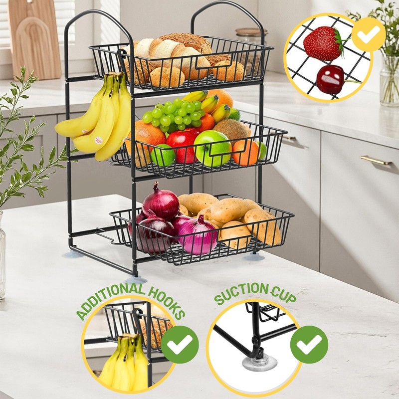 3 Tier Wire Baskets with 2 Banana Hangers, Detachable Countertop