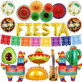 Pecration Mexican Fiesta Party Decorations - Multicolor Cinco De Mayo Theme Decoration Set Includes Banner, Paper Fans, Llama, Guitar Foil Balloons for Birthday Party