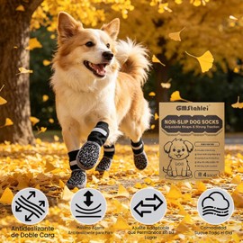 Calcetines Antideslizantes para Perros con Doble Agarre y Correa Ajustable (4 Piezas), Protección de Patas para Suelos de Madera y Baldosas, Ayuda a Reducir el Lamido, para Perros Mayores y Activos