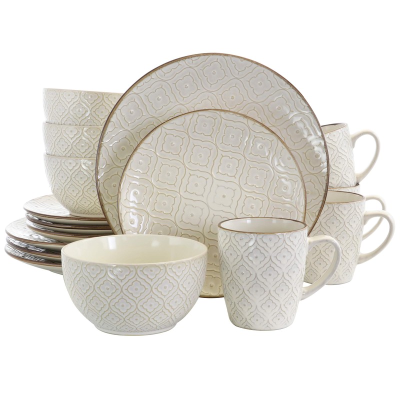 Elama White Lily 16 Piece Luxurious Stoneware Dinnerware with Complete