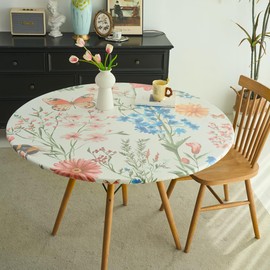 IBEQUEM Round Fitted Tablecloth with Elastic Edge, Waterproof Oil Proof Plastic Table Cover, Vinyl Flannel Backed Table Cloth Fits Round Tables for Dinner, Outdoor, Picnic, Flowers (60)