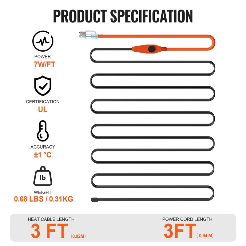 VEVOR Pipe Heating Cable, 3FT 7W/FT Heat Tape for Pipes