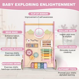 Wooden Baby Walker Wheels,Baby Push Walker for Babies 12 Months+ Montessori,Toddler Walker Push Toy Wooden Activity Walker for Boy,Walking Toys12 Months+ Learning to Walk