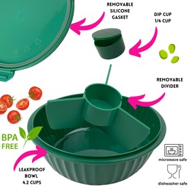 Yumbox Leakproof Poke Salad Bowl with Removable 3-Section Divider, built-in dip well and removable dip cup - 4.2 Cups Volume, Easy-Open with Triple Latches (Kale Green), KGP2023103
