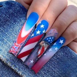 KTAABTR Independence Day Press on Long Square Nails Red White Blue Extra Long July 4th Patriotic Fake Nails Reusable Acrylic Nails for Women Girls DIY Holiday False Nail Decoration Supplies 24Pcs