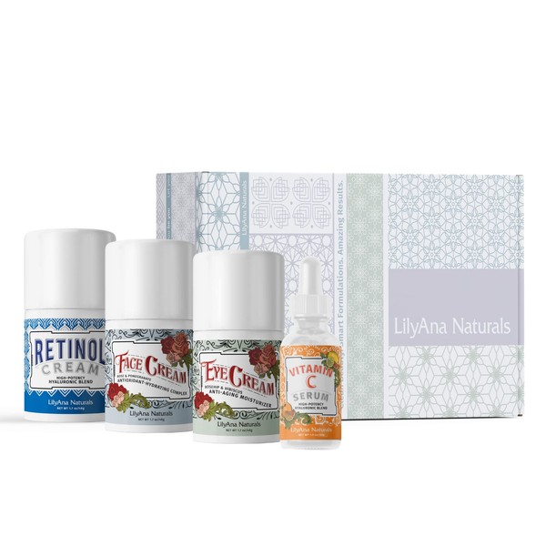 LilyAna Naturals Skincare Gift Set - Retinol Cream, Vitamin C Serum, Eye Cream and Face Cream Moisturizer - Anti Aging Skin Care Sets for Women
