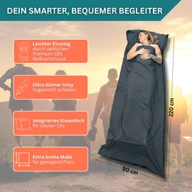 SEESCHWALBE Ultralight Cotton Sleeping Bag - Breathable Small Pack Size - Extra Soft Travel Blanket Including Pillow Compartment, Valuables Pocket and Ear Plugs (Grey)