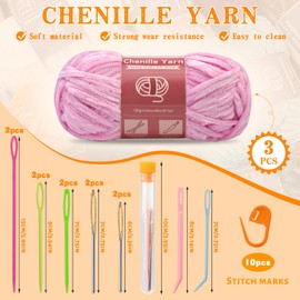 LUNARM Chenille Yarn for Crocheting Knitting, 3 Skein 263 Yard Thick Soft Chunky Fluffy Weaving Plush Yarn for Blankets Clothes Pattern Creations with Big Eye Needles (Light Pink)