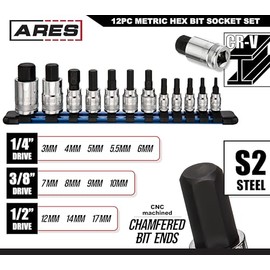 ARES 70108-Juego de 12 llaves de vaso hexagonales métricas - Vasos de cromo vanadio con puntas de aleación S2 - Incluye organizador de vasos de aluminio