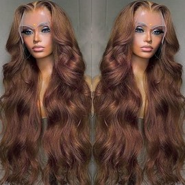Alipeacock 13x4 Chocolate Brown Lace Front Wigs Human Hair with Baby Hair 180 Density Body Wave Lace Frontal Wigs Pre Plucked Glueless 4# Brown Wig 32Inch