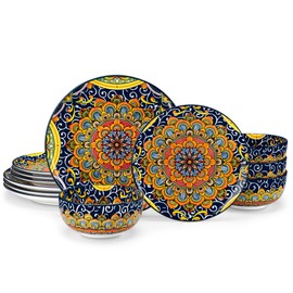 vancasso 12 Pieces Dinnerware Sets, Dark Green Plates and Bowls Set, Porcelain Dishes Set for 4, Microwave and Dishwasher Safe, Scratch Resistant, Bohemian Style Dining Ware Service for 4, Series SIMI