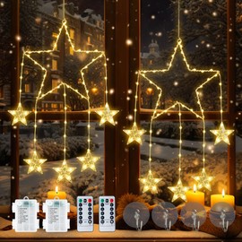 Qunlight 73LED Christmas Window Lights,2 Pack 12IN Star Fairy Lights with 8 Modes Timer,Hanging Silhouette Twinkle Light for Wall,Bedroom,Indoor Outdoor,Party,Xmas,Holiday Decorations,Warm White