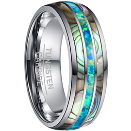 NUNCAD Tungsten Wedding Engagement Ring Band Marine Opal and Abalone Shell Inlaid Domed Size 10