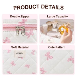GISMTR Makeup Bag, Quilted Bow Cosmetic Bag, Large Travel Aesthetic Make up Bag, Cute Coquette Toiletry Bag for Women Girls