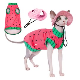 Sphynx Cat Watermelon Shirt &Sun Hat for Summer, Cooling Breathable UPF 50+ Shirt for Cats & Small Dogs Apparel, Shirt and Hat Set for Cats (S (2-3.5lbs))