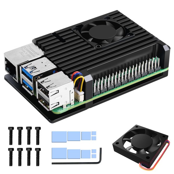 Miuzei Aluminium Case for Raspberry Pi 5 with Fan Cooling, Metal Shell Passive Cooling and PWM Quiet Fan Heatsink with Heatsink Heat Dissipation, Cool Case for Raspberry Pi 5 8GB/4GB, Black