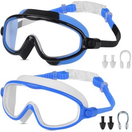 Moseem Kids Swimming Goggles, Swimming Goggles for Children and Early Teens 3-15 Years, 2-Packs Boys Girls Swim Goggles Kids, Anti-Fog Anti-UV,Clear Wide Vision,Waterproof(blueblack&bluewhite)