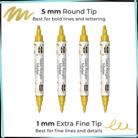 4 Dual Tip Gold Paint Pen Metallic - Fine Tip & Medium Acrylic Paint Markers - Gold Paint Marker for Metal, Wood, Rock Painting, Canvas, Ceramic, Glass, Fabric, Leaf and Plastic - Water-based Ink