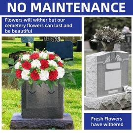 LOSFOTBO Artificial Cemetery Silk Flowers Saddle,Carnation Cemetery Headstone Flower Saddle,Memorial Flowers for Outdoor Tombstone Headstone Decorations (Red White)