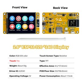 Hosyond 2.8'' ESP32 Display Resistive Touch Screen with WiFi+BT, ILI9341 Driver 240x320 TFT LCD Screen Module for Arduino