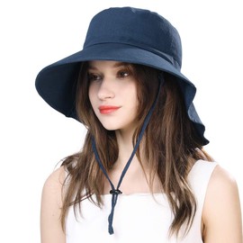 Comhats Womens Sun Hats UPF 50+ Ladies Sun Hat Foldable Wide Brim UV Cotton Safari Walking Gardening Bucket Hat with Neck Flap Small Navy
