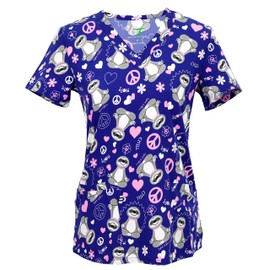 Green Town Women's Performance V-Neck Medical Scrub Stretch Tops, Small, Navy Sloth