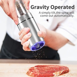 Electric Salt and Pepper Grinder set of 2, Automatic Salt and Pepper Mill Grinder, Adjustable Roughness, Battery Powered with Blue LED Light, Stainless Steel with One Hand Operation (Sliver)