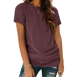 ATHMILE Womens Tops Dressy Casual T Shirts Crewneck 2025 Summer Casual Tops Fitted Shirts Basic Tee Wine Red