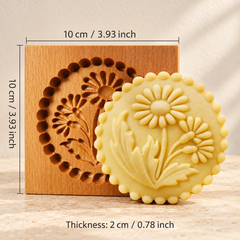 Wooden Cookie Mold for Baking – Carved Flower Embossing Design