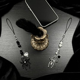 LJJINGXS Gothic Spider Phone Charm Strap with Beaded Chain and Heart Accent, Y2K Phone Charm Black and White Set of 2