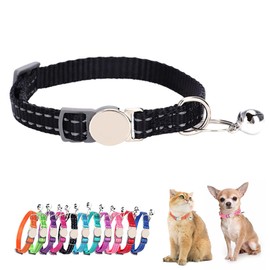 Black Breakaway Dog Collar with Bell, Reflective Puppy Collar Safety Soft Nylon Break Away Cat Collars Adjustable for Xs Small Tiny Pet Little Dogs Kitten, Neck 7-11 Inch