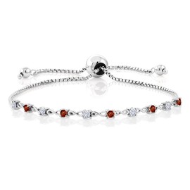Gem Stone King 925 Sterling Silver Red Garnet and Moissanite Tennis Bracelet For Women | 0.68 Cttw | Round 2.5MM | Adjustable Bolo Bracelet For Women | Easy-On Easy-Off