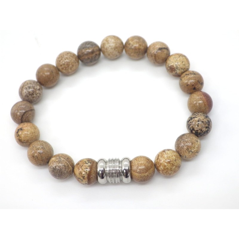 Ethnisches Herrenarmband aus braunen Jaspisperlen und zentraler Edelstahlperle
