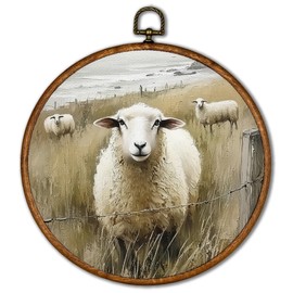 KSDUT Sheep Easter Wall Decor Art - Retro Vintage Sheep Landspace Wall Art Canvas Frame Hanging Prints, Easter Gifts for Women Christian Round Wall Art Decor for Farmhouse Home Decorations 10"x10"