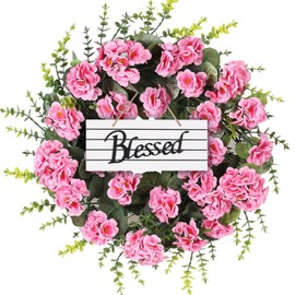 KuiMen Artificial Geranium Wreath, 22 Inch Spring Summer Wreaths for Front Door with Blessed Hanging Sign, for Rustic Farmhouse Entryway Porch Balcony Decor(Cherry Pink)