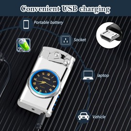 RSBYE Electric Lighter USB Rechargeable Lighters, Windproof Dual Arc Plasma Lighter, Flameless Electronic Cool Lighters with LED Battery Indication for Men (Silver Clock)