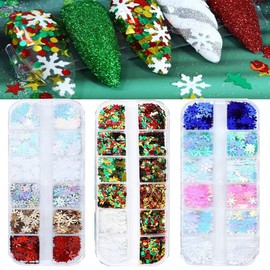36 Grids Christmas Nail Art Glitters Sequins,Holographic Snowflake Nail Art Flakes Red Green White Winter Snowflake Star Glitter Sticker Decals Manicure DIY Xmas Decorations