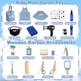 Barber Shop Pretend Play Set, Kids Shaving Kit Wooden Hair Salon Toys for Boys with Wearable Beard, Electric Shaver, Blow Dryer, Tool Bag, Toddler Role Play Barber Accessories for Boys & Girls Gifts